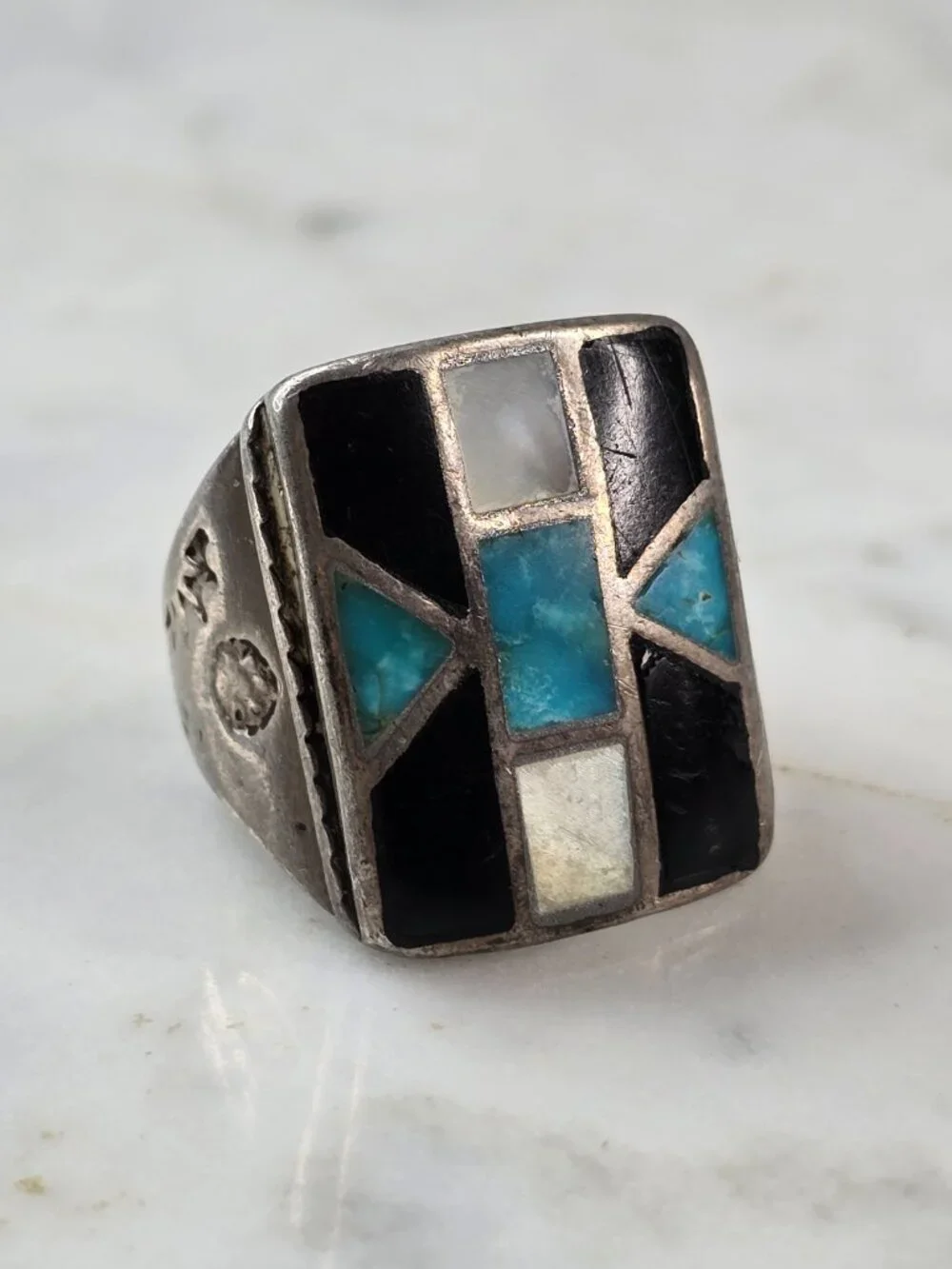 Mens Vintage Sterling Silver Southwestern Turquoise MOP Onyx Ring 13.1g E605